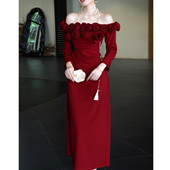 鹿与玫瑰法式 复古一字肩红色连衣裙女气质修身 订婚敬酒服礼服裙子