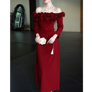 鹿与玫瑰法式 订婚敬酒服礼服裙子 复古一字肩红色连衣裙女气质修身