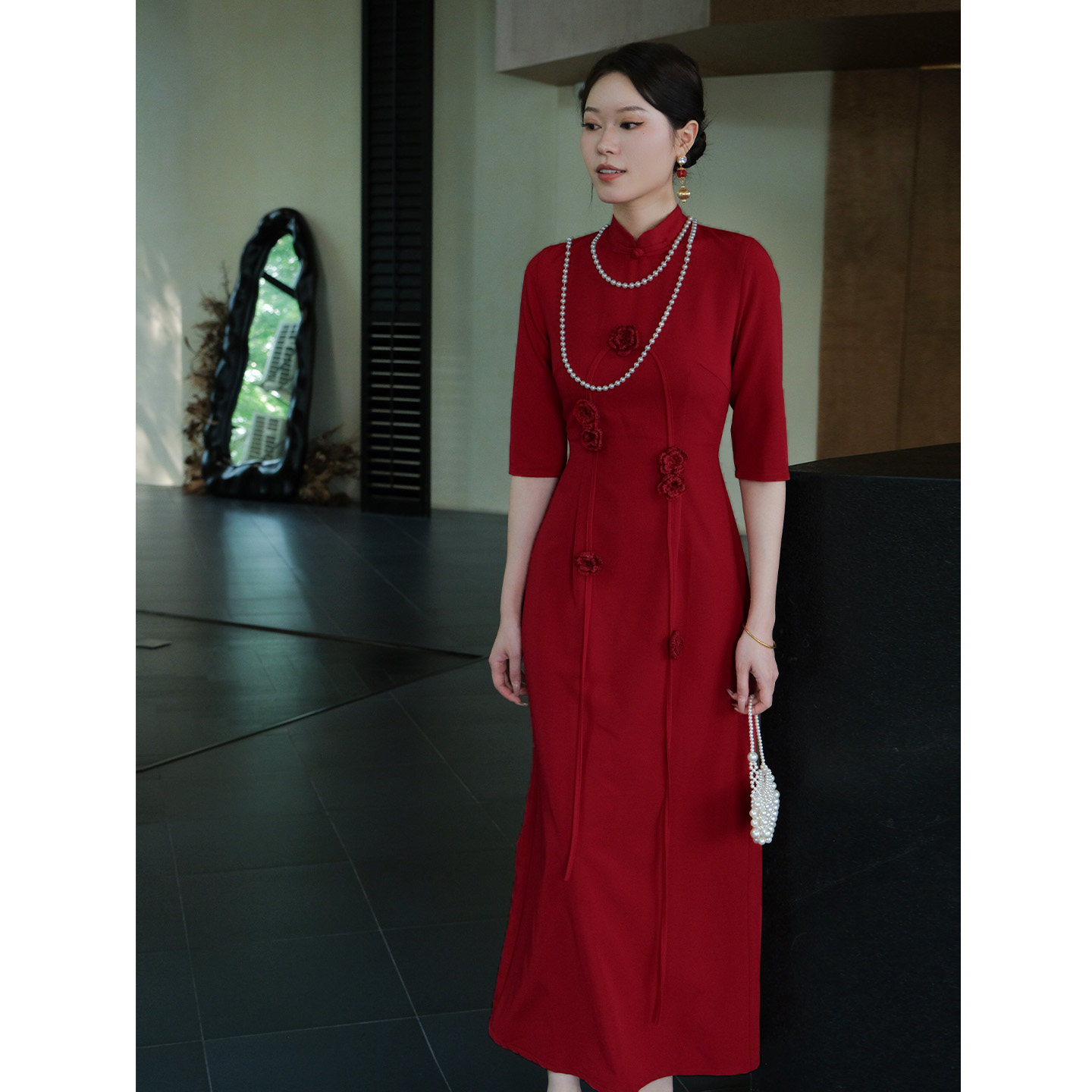 鹿与玫瑰新中式红色改良旗袍女气质显瘦订婚敬酒服婚礼礼服连衣裙