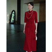 鹿与玫瑰新中式 红色改良旗袍女气质显瘦订婚敬酒服婚礼礼服连衣裙
