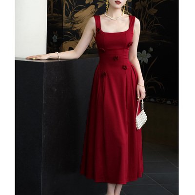 鹿与玫瑰法式吊带红色连衣裙女