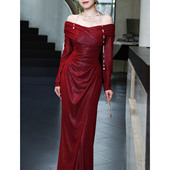 鹿与玫瑰一字肩红色连衣裙气质长裙修身 显瘦订婚敬酒宴会晚礼服裙
