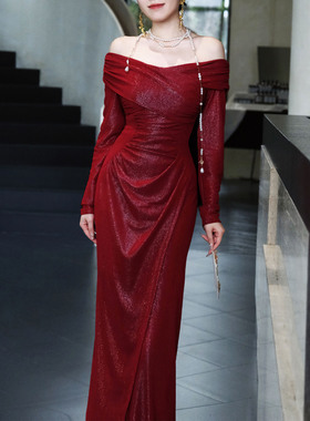 鹿与玫瑰一字肩红色连衣裙气质长裙修身显瘦订婚敬酒宴会晚礼服裙