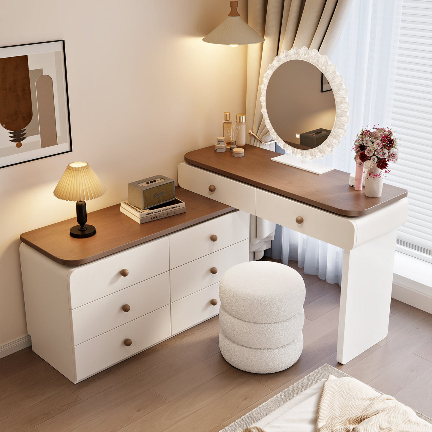新款中古奶油风加厚梳妆台卧室现代简约化妆桌斗柜一体收纳化妆台