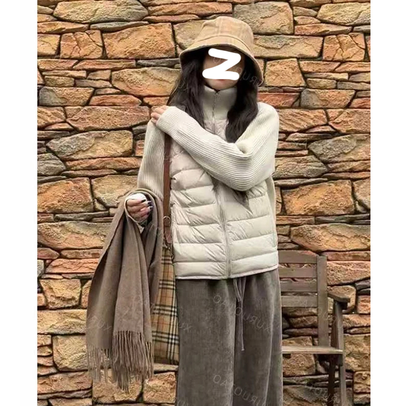 2025新款秋冬季加厚羽绒棉服外套女装棉袄设计感拼接针织立领棉衣