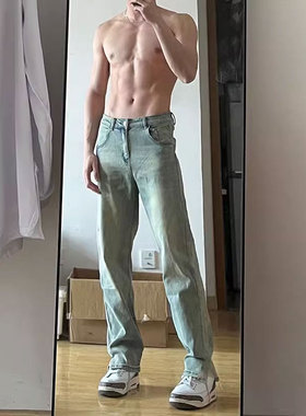 美式vibe裤子高街弹力黄泥染直筒微喇牛仔裤男修身小脚做旧休闲裤