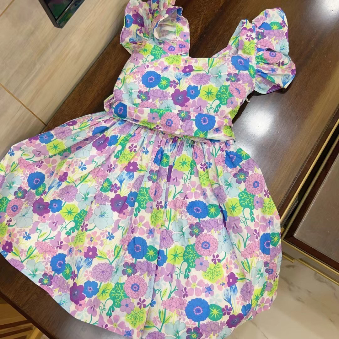 25夏季新款法单女童碎花露背连衣裙纯棉公主裙背心裙 3-12岁包邮