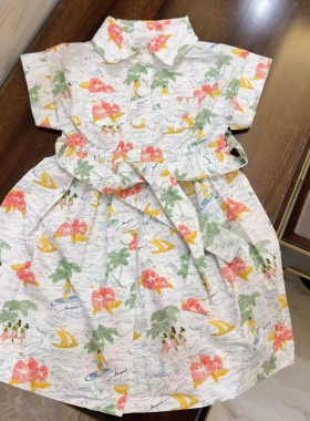 法单童装25春夏装新款女大童碎花衬衫连衣裙儿童纯棉短袖裙子包邮