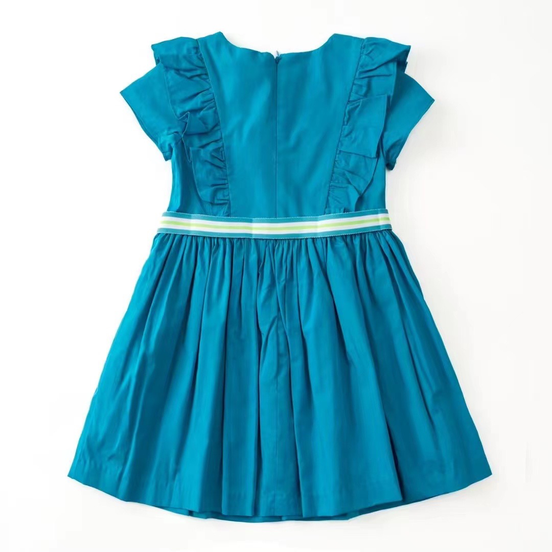 法单童装25春夏新款女大童裙子蓝色木耳边短袖连衣裙包邮4-12岁