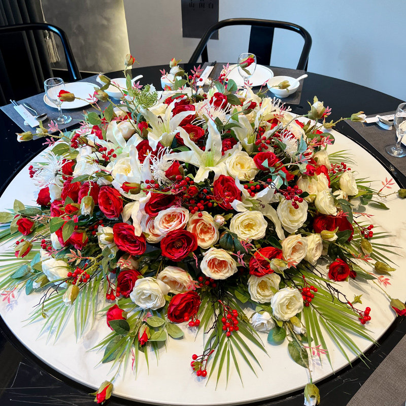 仿真餐桌花摆件大圆桌中心摆件花饭店餐台转盘装饰花酒店餐厅摆花