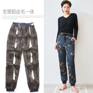 加绒加厚长裤 冬高腰东北皮裤 子女中老年貂皮棉裤 金狸貂皮毛一体裤