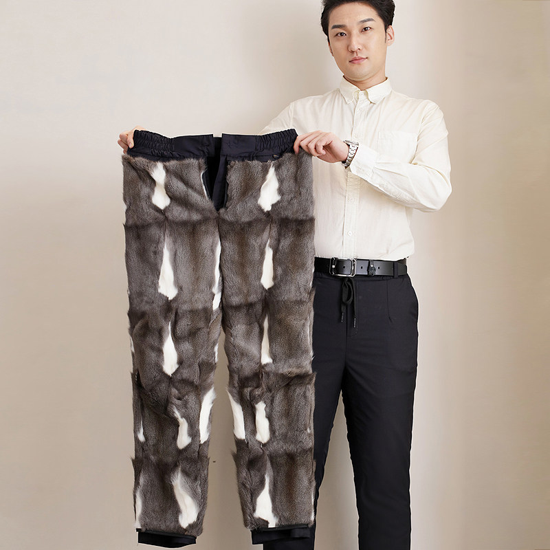 金狸貂皮毛一体裤子男士高腰冬季貂皮裤子中老年加绒皮草裘皮棉裤