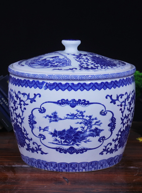 景德镇陶瓷米缸10斤20斤30斤装青花带盖储物罐水缸油缸面粉缸