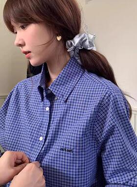 Exclusive type韩国小众复古字母刺绣蓝色格子宽松单排扣休闲衬衫