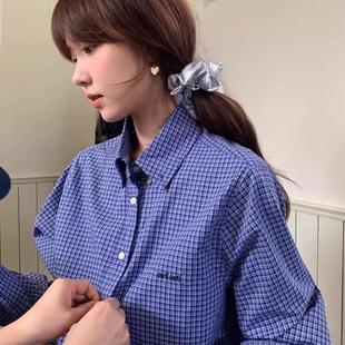 Exclusive type韩国小众复古字母刺绣蓝色格子宽松单排扣休闲衬衫