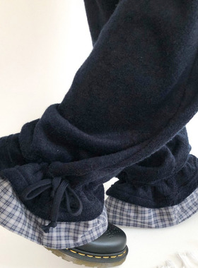 Exclusive type韩国小众设计抽绳束脚格纹接拼花边绒面松紧休闲裤