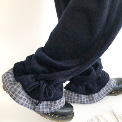 Exclusive type韩国小众设计抽绳束脚格纹接拼花边绒面松紧休闲裤