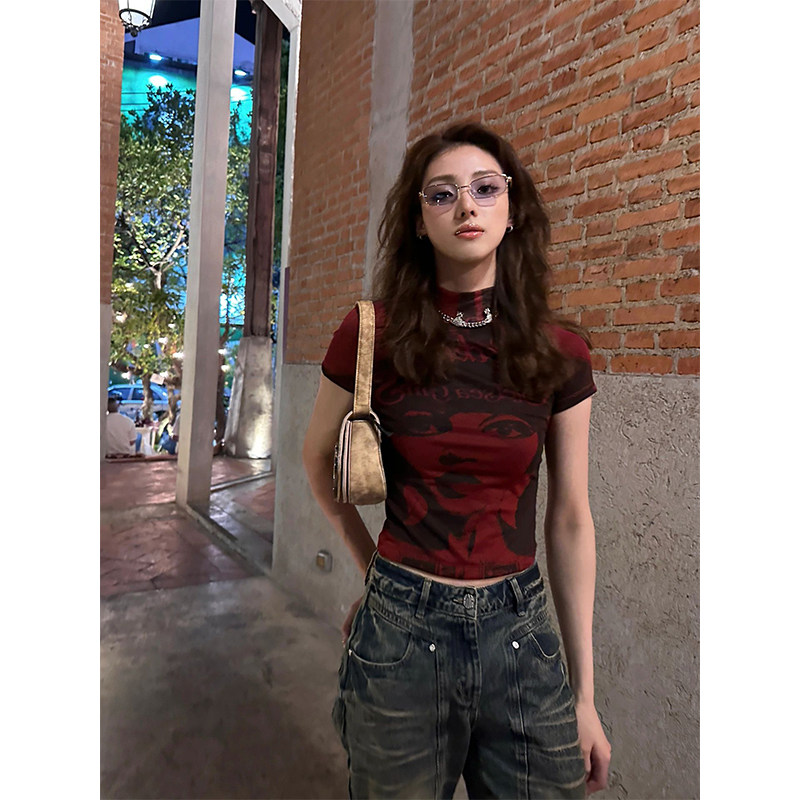 Exclusive type 美式辣妹印花T恤女夏季2023新款修身红色百搭上衣