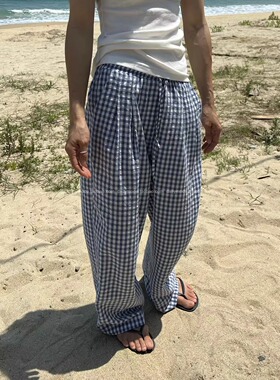 Exclusive type 韩国小众简约蓝色格纹抽绳松紧腰宽松直筒休闲裤