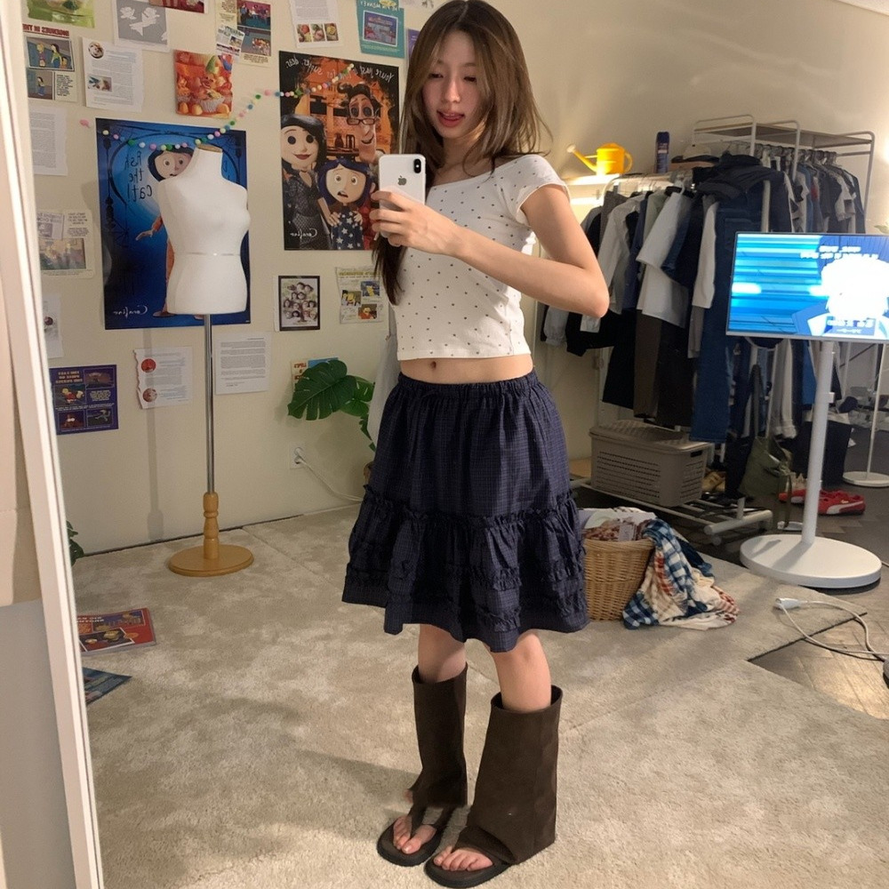 Exclusive type日式复古个性设计木耳褶边格纹拼接松紧腰半身中裙