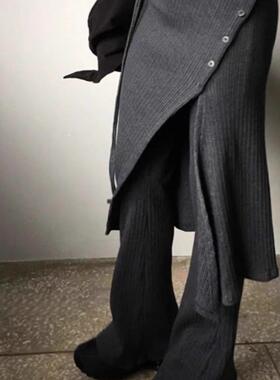 Exclusive type街头设计螺纹针织休闲系扣开叉绑带半身裙裤两件套