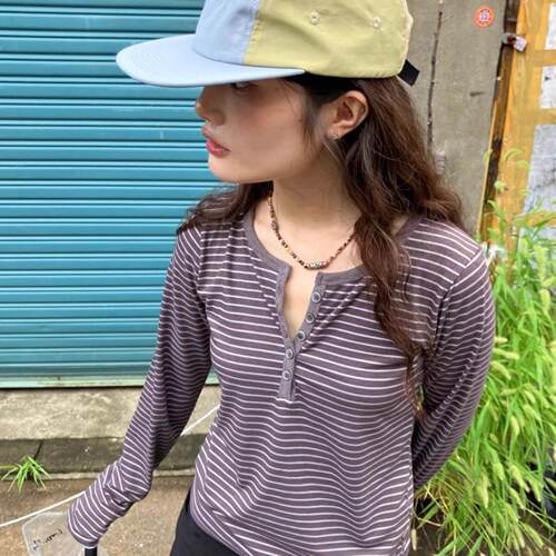 古早条纹圆领长袖T恤系扣打底衫