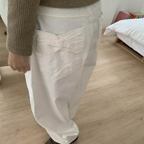 后口袋褶皱蝴蝶结高腰显瘦牛仔裤