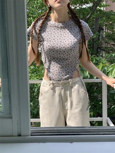 短袖 Exclusive 绑带修身 小众设计不规则露腰碎花短款 T桖上衣 type