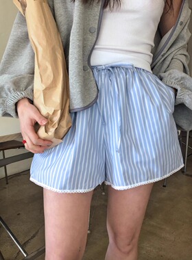 Exclusive type 简约休闲慵懒蓝色条纹蕾丝边系带百搭松紧腰短裤