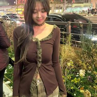 type T恤套装 韩国个性 长袖 女 复古橄榄天菜蕾丝拼接修身 Exclusive