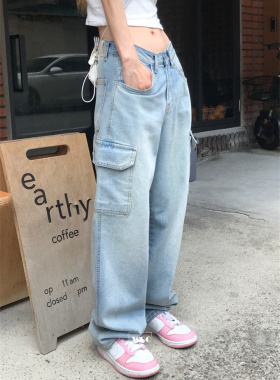 Exclusive type 小众复古街头设计侧口袋工装风高腰显瘦牛仔长裤