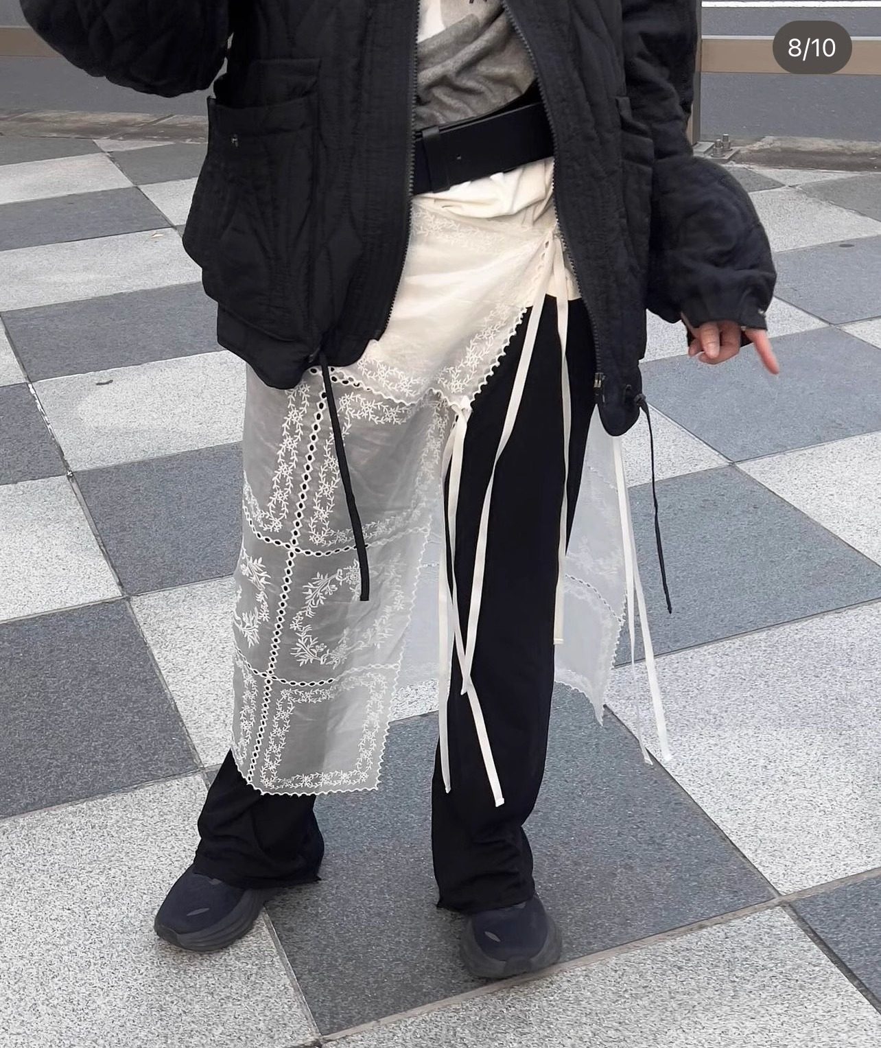 Exclusive type 法式复古个性叠穿白色蕾丝绑带设计围裙半身裙女