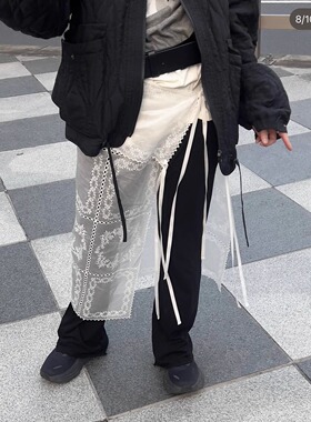 Exclusive type 法式复古个性叠穿白色蕾丝绑带设计围裙半身裙女