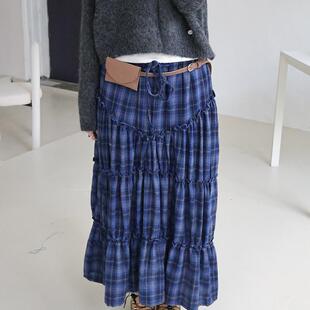 Exclusive type韩国小众复古格纹褶皱拼接花边高腰抽绳半身裙长裙