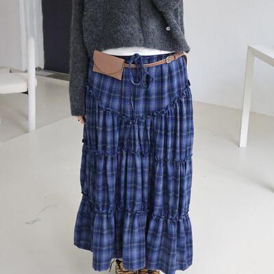 褶皱拼接花边高腰抽绳半身裙长裙