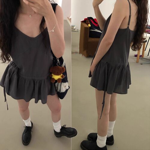 抽绳绑带V领高腰显瘦吊带连衣裙