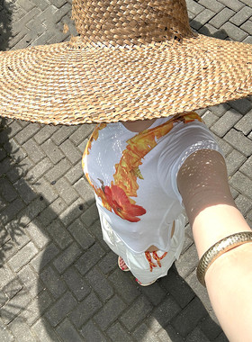 Exclusive type 韩国复古个性橙色庆祝花环印花圆领短款短袖T桖衫