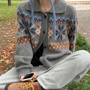 外套 毛衣开衫 Exclusive type韩国小众复古重工提花polo领宽松长袖