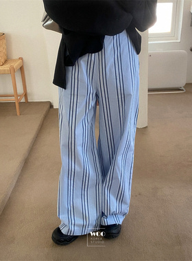 Exclusive type 韩国简约蓝色竖条纹拼接显瘦后松紧阔腿裤休闲裤