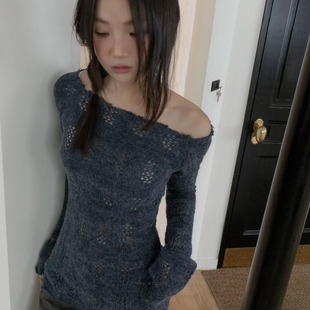 Exclusive type 韩国个性设计毛边一字领露肩麻花花纹镂空针织衫