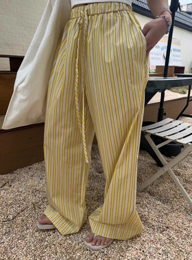 Exclusive type韩国小众设计撞色竖条纹抽绳松紧腰宽松直筒休闲裤