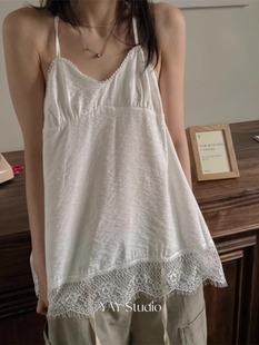 Exclusive 韩国小众设计挂脖蕾丝边拼接百搭A字宽松吊带背心 type