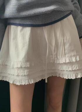 Exclusive type 韩国小众设计白色蕾丝拼接松紧腰绑带A字半身短裙