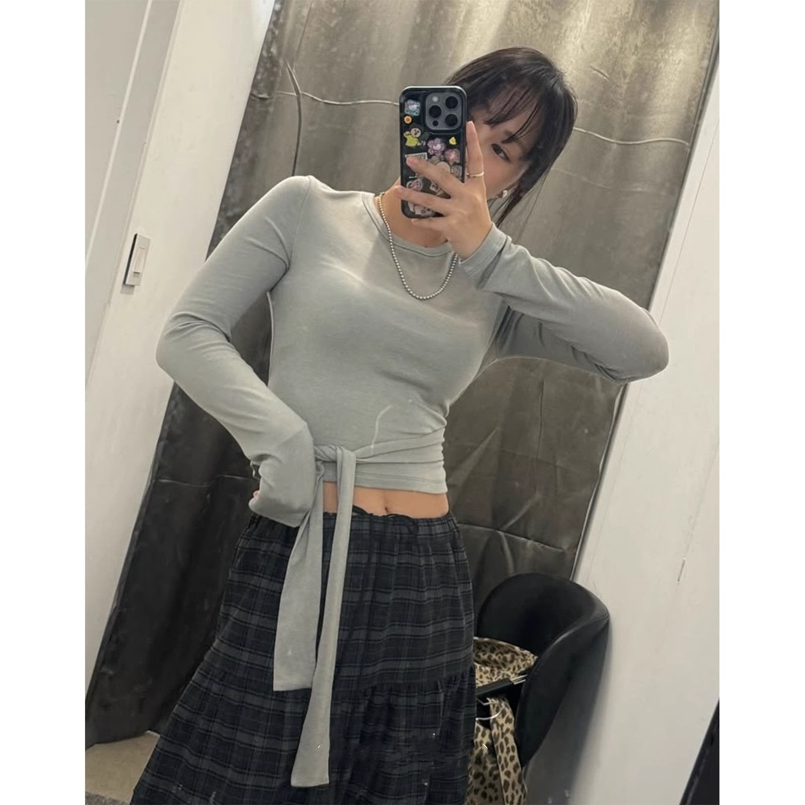 Exclusive type 韩国小众设计腰部绑带百搭修身弹力圆领长袖T恤女