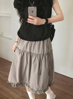 Exclusive type 韩国小众复古花边拼接设计松紧百搭显瘦A字半身裙