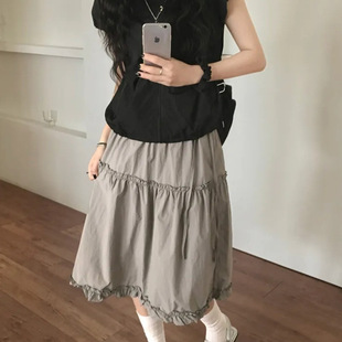 Exclusive 韩国小众复古花边拼接设计松紧百搭显瘦A字半身裙 type