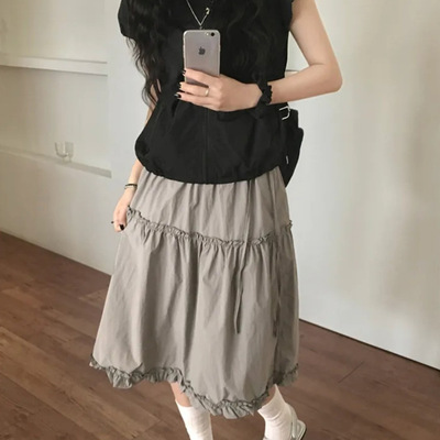 Exclusive type 韩国小众复古花边拼接设计松紧百搭显瘦A字半身裙