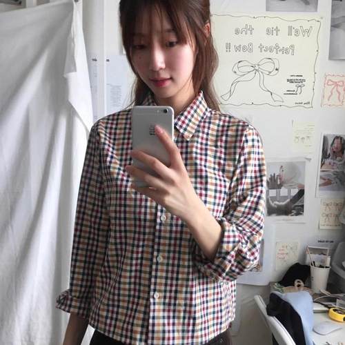 格纹翻领系扣修身显瘦长袖衬衫