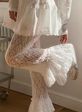 Exclusive type街头少女个性木耳花边提花蕾丝喇叭裤防走光长裤女