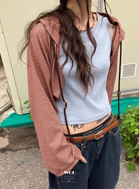 Exclusive type 24秋季休闲复古格纹宽松连帽衬衫外套短款罩衫女